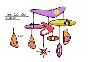 In the nursery, a futuristic mobile hangs above Jack-Jack's crib.