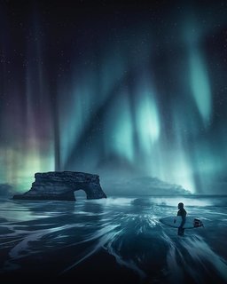 Coram melds three of her photos here: daytime photos of the Natural Bridge in California, a surfer on a California beach, and an Aurora storming over Alaska.