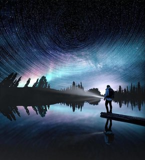 Another multi-layered image where Coram uses her most licensed image, Rainbow Cosmos—which is comprised of several hundred images from the Aurora in Alaska—and melds it with two other photos.