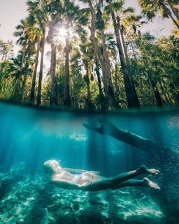 Swimming in Bitter Springs, crystal clear spring-fed thermal pools in Mataranka, NT, Australia.