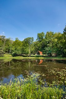 The cabin perched at the edge of the pond.