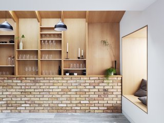Sleek, open shelving custom-designed by Chris Chapman allows household items to become decor.