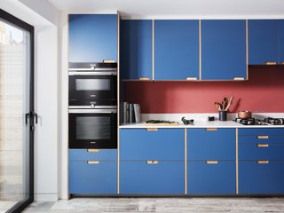 IKEA cabinets get an upgrade with modern Plykea plywood doors.
