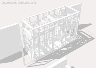 Here is a SketchUp rendering of the assembled prefab unit.