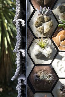 The "Seed Stitch" tiles to the left are made from clay, while the "Planter Tiles" are printed from a mix of biodegradable waste materials.