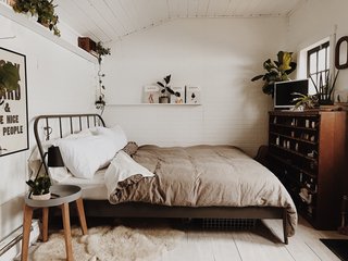 Natasha's love of plants is evident in the cabin, where pops of greenery show up throughout.