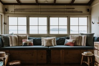 A full-length window seat overlooks views of the beach and bay.