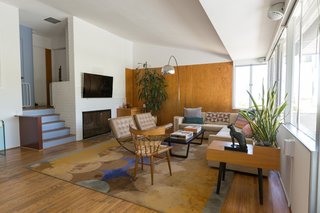 Wood paneling adds a touch of warmth to the great room.