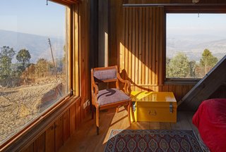 Pine paneling clads the interior.