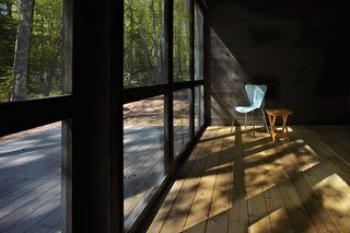 The screen porch frames views of the dense woods.