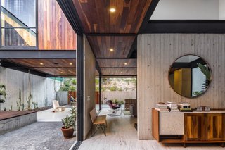The floors are white travertine porcelain.