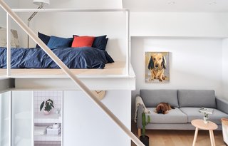 White walls and a partial double-height ceiling help lend a sense of spaciousness to the abode.