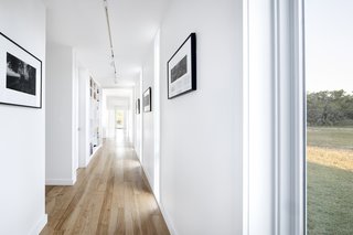 The main corridor, punctuated with full-height glazing, doubles as an art gallery.