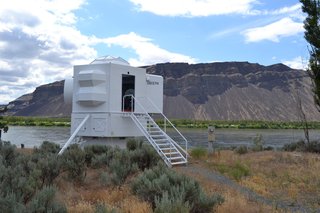 The 250-square-foot Lunar Lander weighs less than 3,000 pounds and sleeps two.