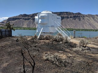 Every piece of plywood, fiberglass, and foam used on the Lunar Lander is completely epoxy encapsulated, which gives the building self-extinguishing benefits. Last month, the Lunar Lander was engulfed in a wildfire, but was left completely unscathed.