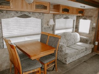 The original palette of the RV relied heavily on gray tones and wood.