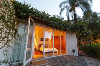 Shielded from view by lush vegetation, the home enjoys privacy and quiet despite its full-height glazing.