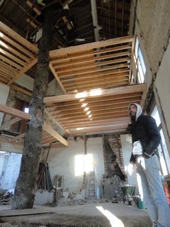 The architects gutted the interior and inserted new floors in a spiral formation around the central support of the oak tree trunk.