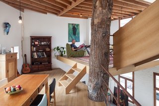 "The column had to be affordable and nice to look at," note the architects. "So we bought a tree and put it right in the middle of the building. Between the tree and the facade, we have created new floors which are built in a spiral around the tree. This results in a very dynamic and open space."
