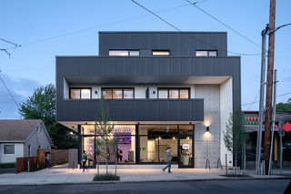 Flooded with natural light, Makers Row is a new mixed-use building in Northeast Portland that combines 19 apartments with ground-floor commercial space in a highly energy-efficient envelope.
